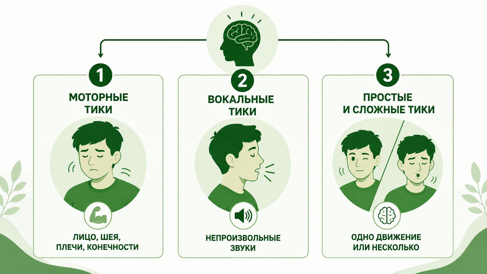 Схематичное изображение видов нервных тиков: моторные, вокальные и простые и сложные тики. Зеленая цветовая гамма, крупные подписи, минимальный текст и иконки.